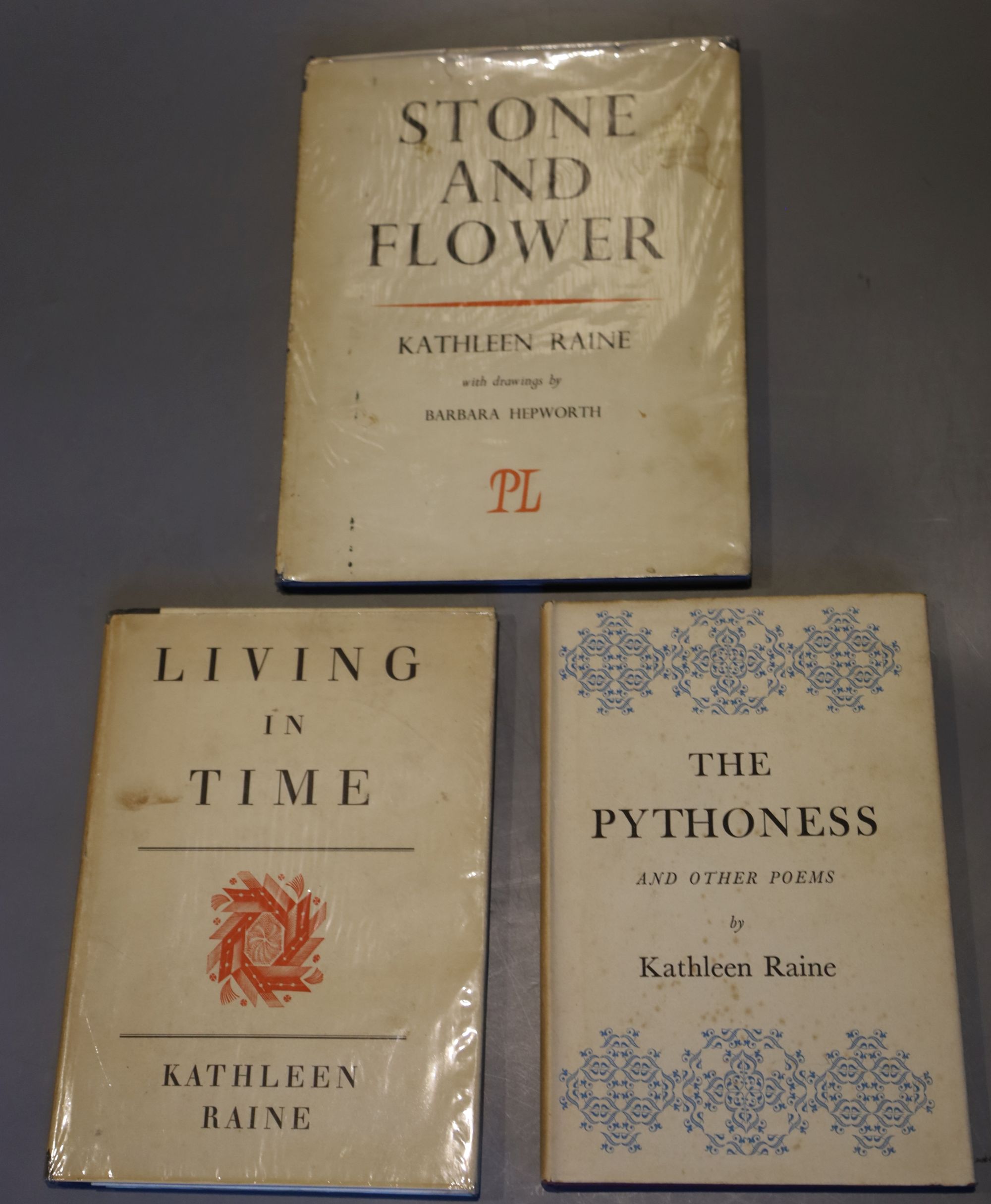 Raine, Kathleen - 3 Works: Stone and Flower - Poems 1935-43, with plates by Barbara Hepworth, 8vo, blue cloth with torn d.j., Nicholson